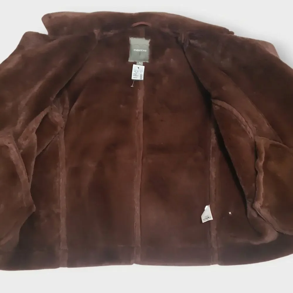NWT Maurices Faux Suede + Fur Moto Jacket Brown Asymmetrical Zip Sz Lg Bikercore